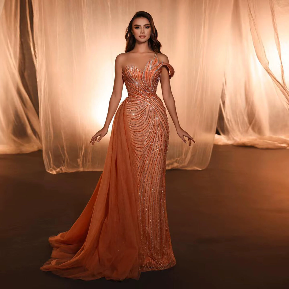 Luxury One Shoulder Mermaid Evening Dress with Overskirt SS257