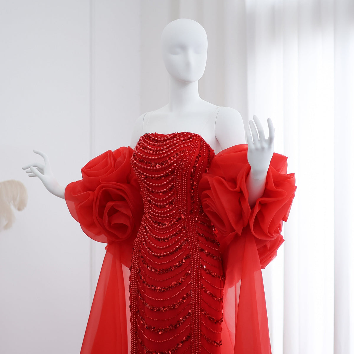 Luxury Pearl Red Evening Dress with 3D Flowers Cape SS585