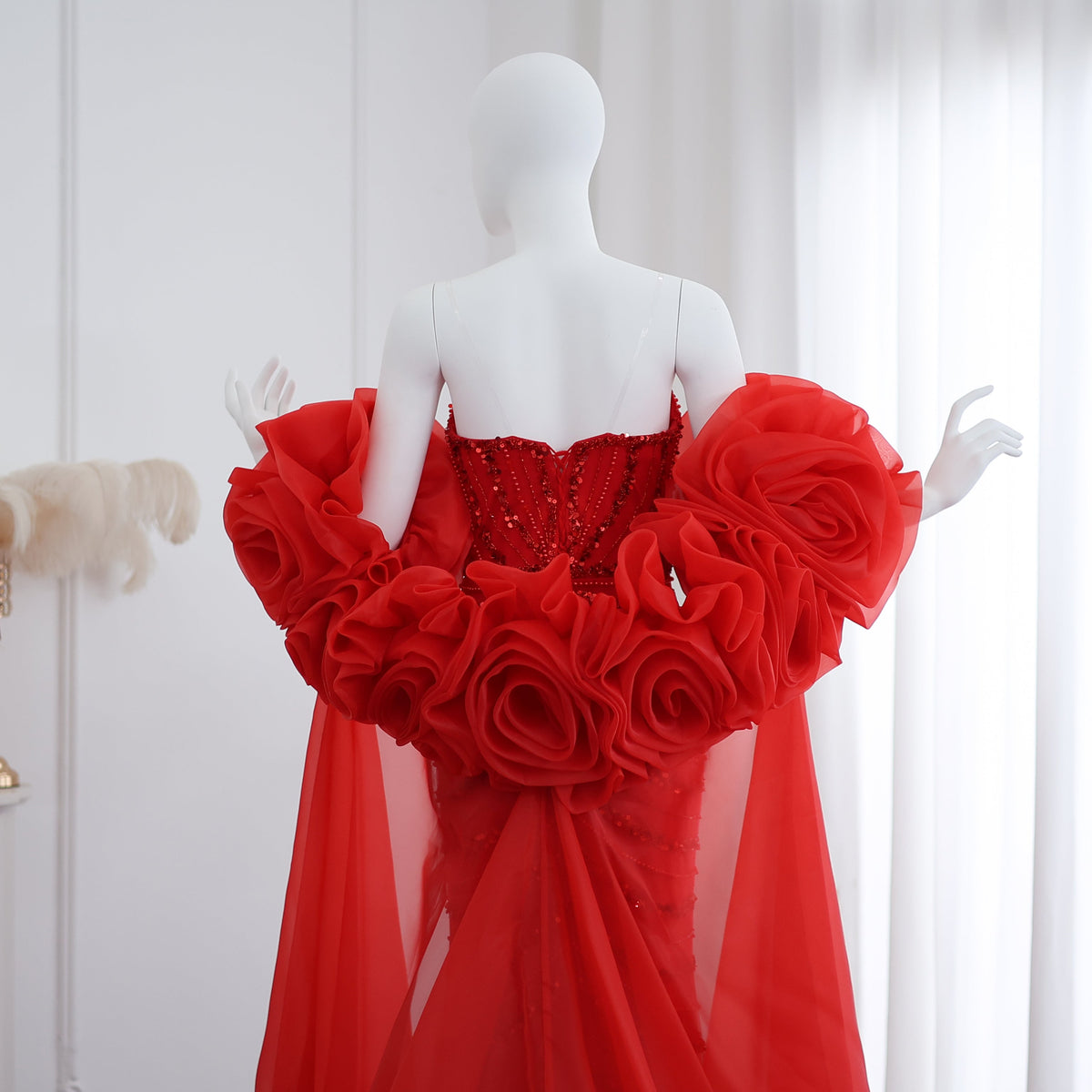 Luxury Pearl Red Evening Dress with 3D Flowers Cape SS585