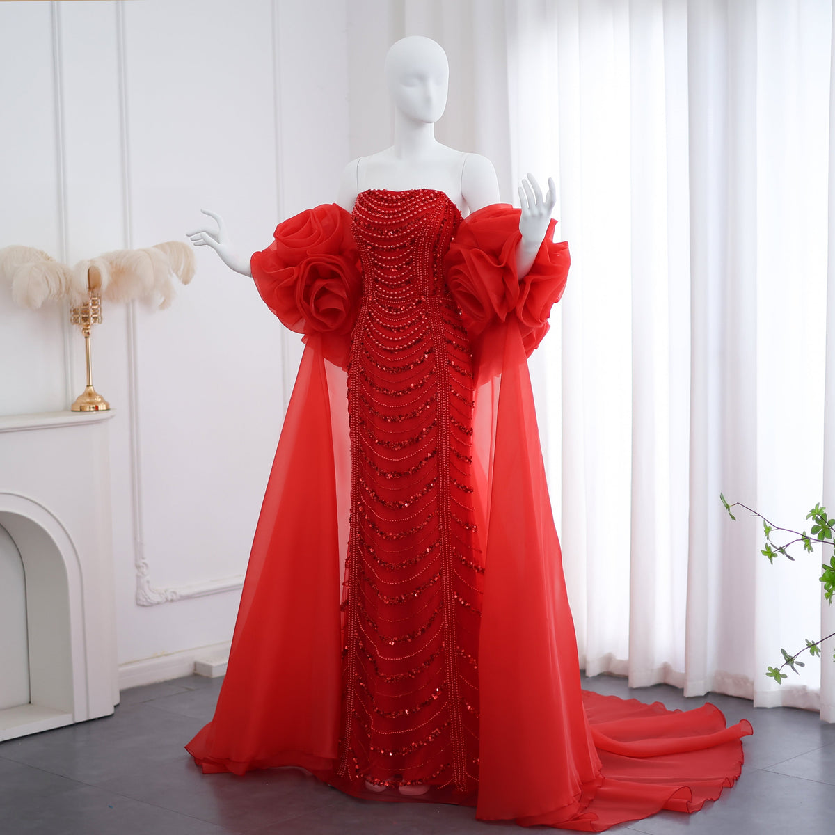 Luxury Pearl Red Evening Dress with 3D Flowers Cape SS585