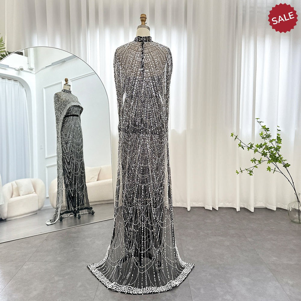 Luxury Pearls Dubai Champagne Evening Dresses with Cape 2023 New Arabic Women Mermaid Wedding Party Prom Dress SS369