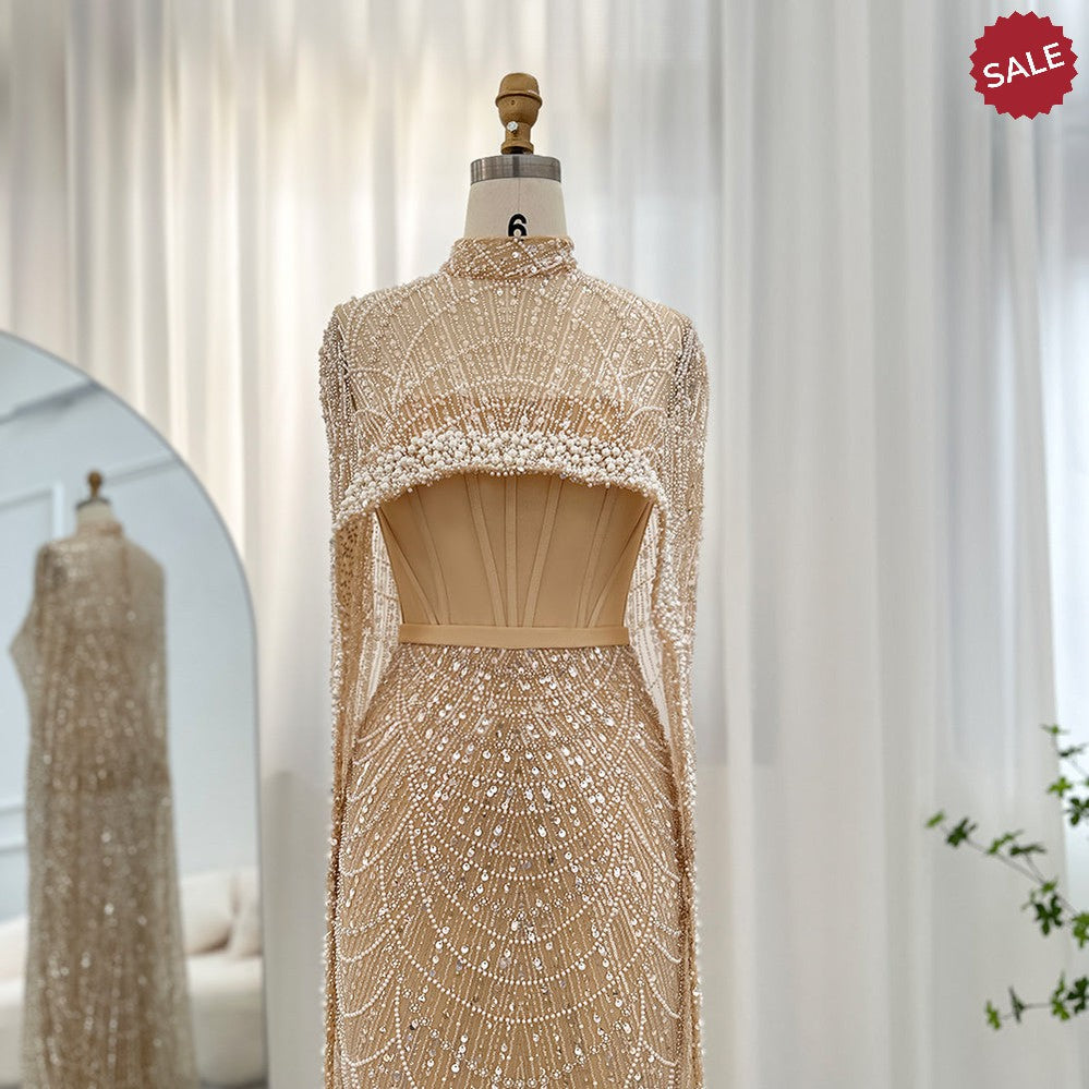 Luxury Pearls Dubai Champagne Evening Dresses with Cape 2023 New Arabic Women Mermaid Wedding Party Prom Dress SS369