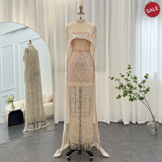Luxury Pearls Dubai Champagne Evening Dresses with Cape 2023 New Arabic Women Mermaid Wedding Party Prom Dress SS369