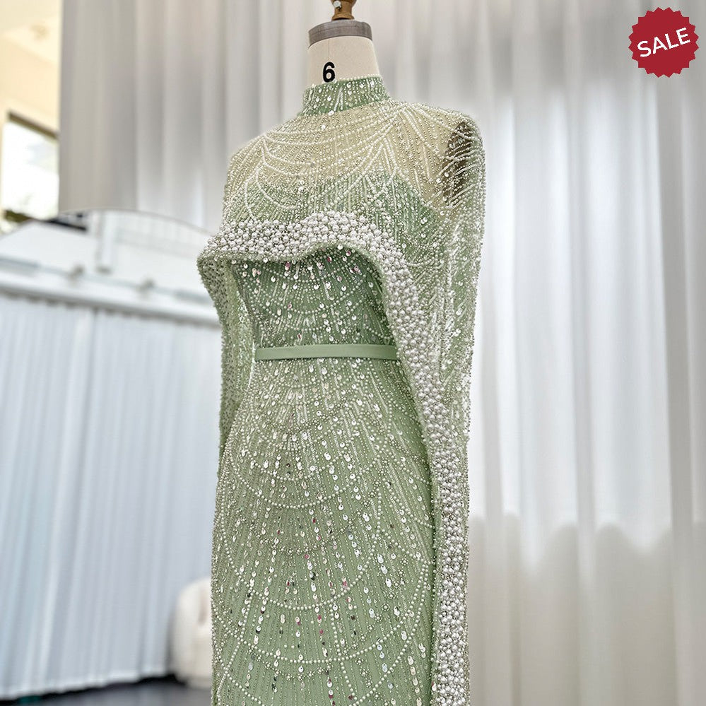Luxury Pearls Dubai Champagne Evening Dresses with Cape 2023 New Arabic Women Mermaid Wedding Party Prom Dress SS369