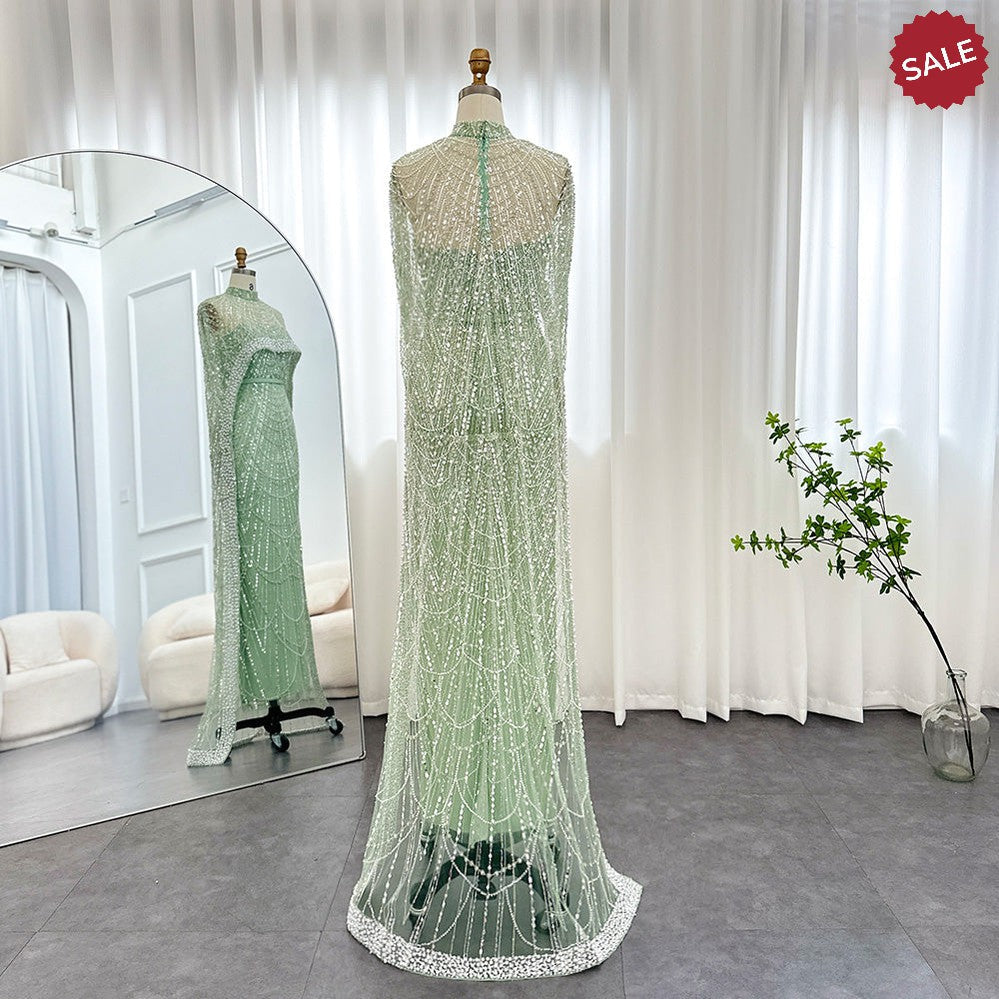 Luxury Pearls Dubai Champagne Evening Dresses with Cape 2023 New Arabic Women Mermaid Wedding Party Prom Dress SS369