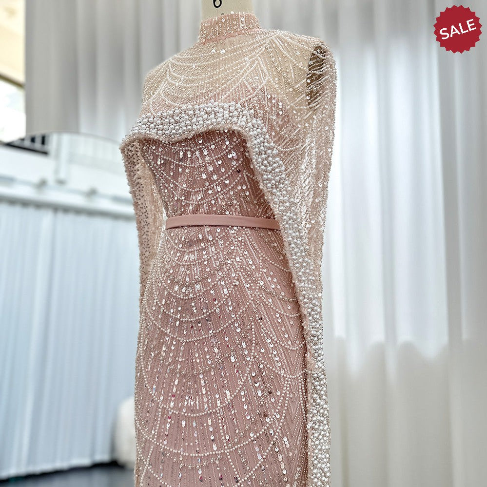 Luxury Pearls Dubai Champagne Evening Dresses with Cape 2023 New Arabic Women Mermaid Wedding Party Prom Dress SS369