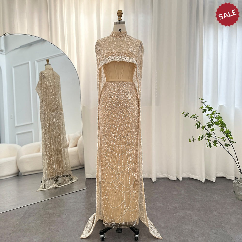 Luxury Pearls Dubai Champagne Evening Dresses with Cape 2023 New Arabic Women Mermaid Wedding Party Prom Dress SS369