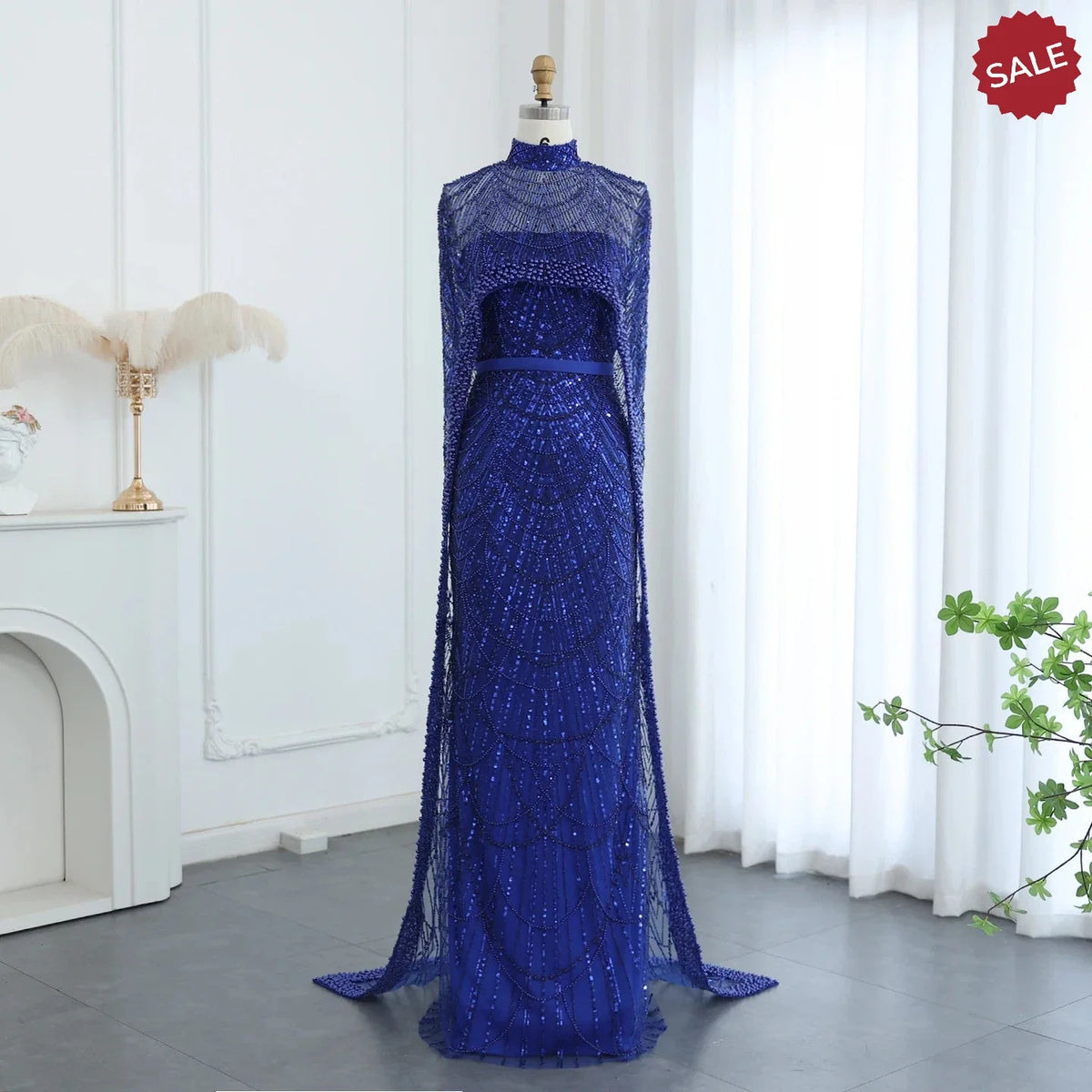 Luxury Pearls Dubai Champagne Evening Dresses with Cape 2023 New Arabic Women Mermaid Wedding Party Prom Dress SS369