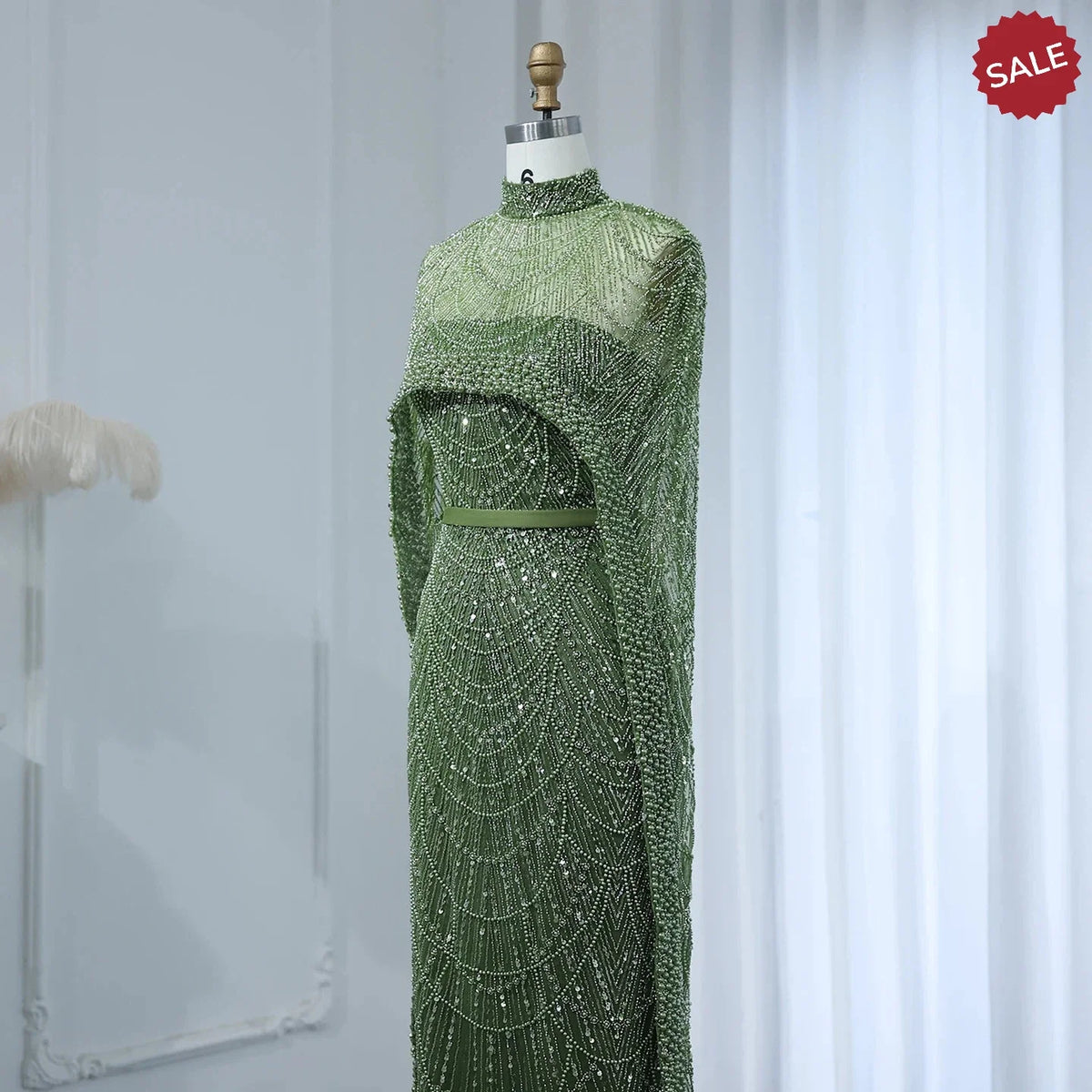 Luxury Pearls Dubai Champagne Evening Dresses with Cape 2023 New Arabic Women Mermaid Wedding Party Prom Dress SS369