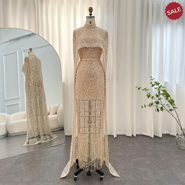 Luxury Pearls Dubai Champagne Evening Dresses with Cape 2023 New Arabic Women Mermaid Wedding Party Prom Dress SS369