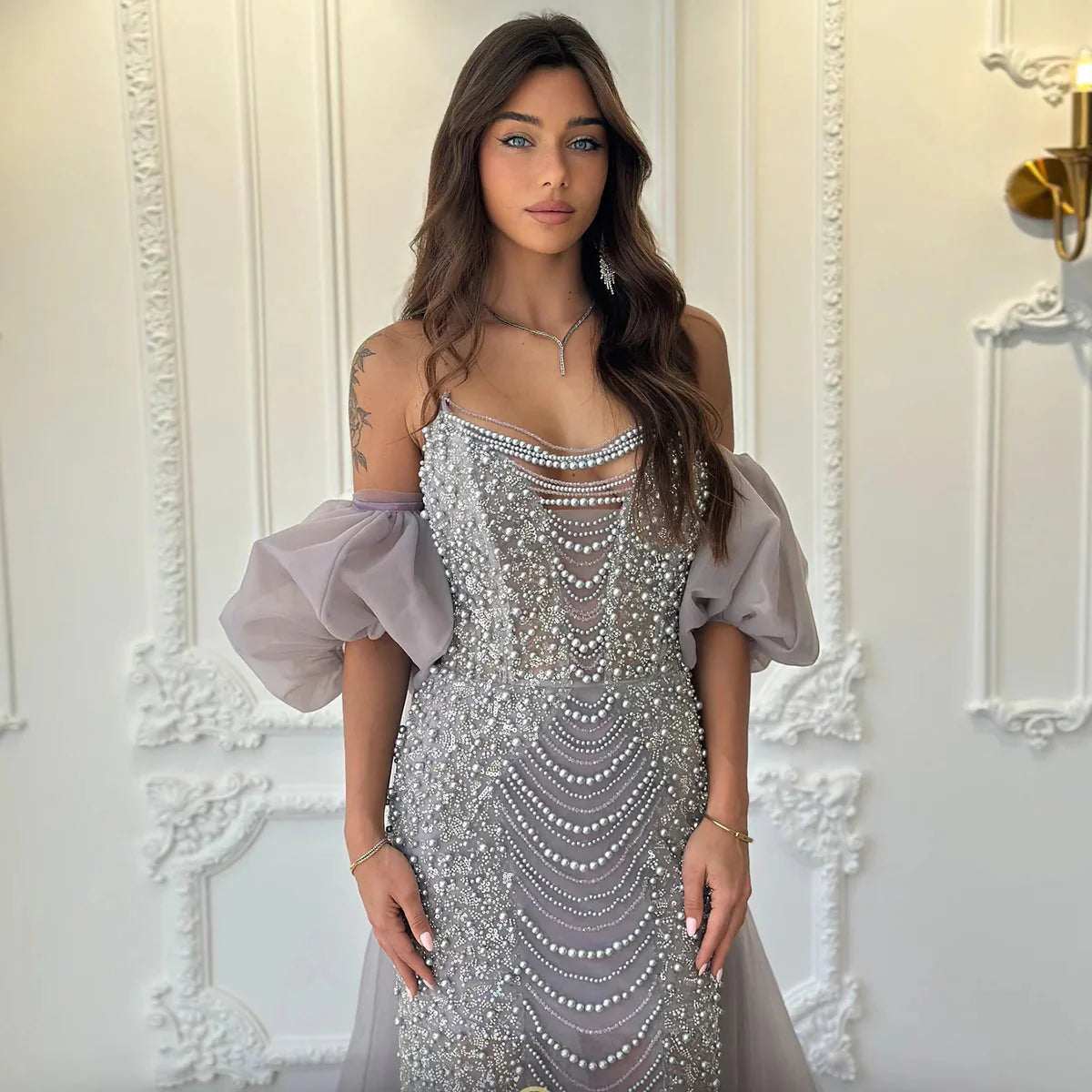 Luxury Pearls Purple Mermaid Evening Dress with Cape Sleeves Tassel Dubai Turkish Wedding Party Gowns SS199