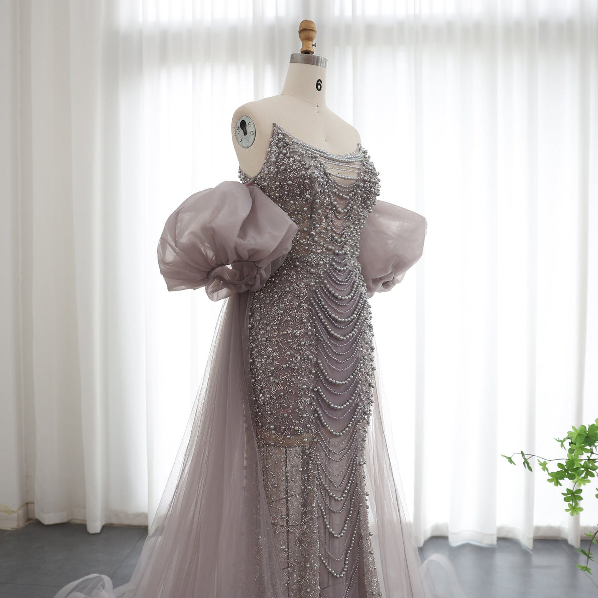 Luxury Pearls Purple Mermaid Evening Dress with Cape Sleeves Tassel Dubai Turkish Wedding Party Gowns SS199