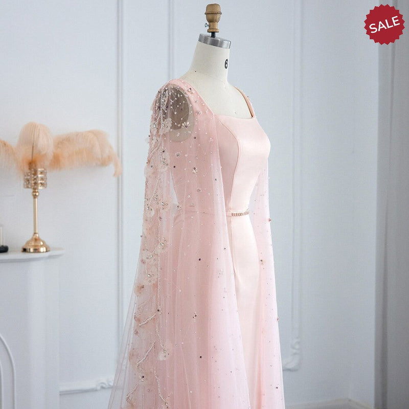 Luxury Pink 3D Flowers Mermaid Dubai Evening Dress with Cape Sleeve Crystal Arabic Elegant Women Formal Gowns for Wedding Party SS493
