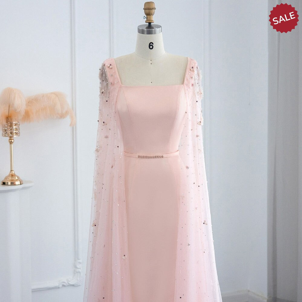 Luxury Pink 3D Flowers Mermaid Dubai Evening Dress with Cape Sleeve Crystal Arabic Elegant Women Formal Gowns for Wedding Party SS493