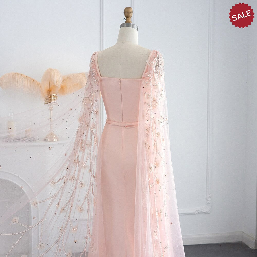 Luxury Pink 3D Flowers Mermaid Dubai Evening Dress with Cape Sleeve Crystal Arabic Elegant Women Formal Gowns for Wedding Party SS493