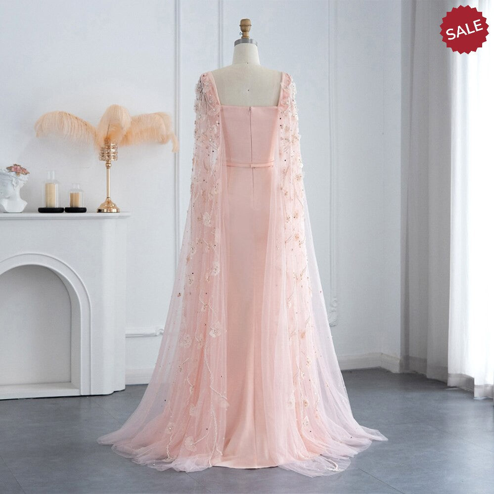 Luxury Pink 3D Flowers Mermaid Dubai Evening Dress with Cape Sleeve Crystal Arabic Elegant Women Formal Gowns for Wedding Party SS493