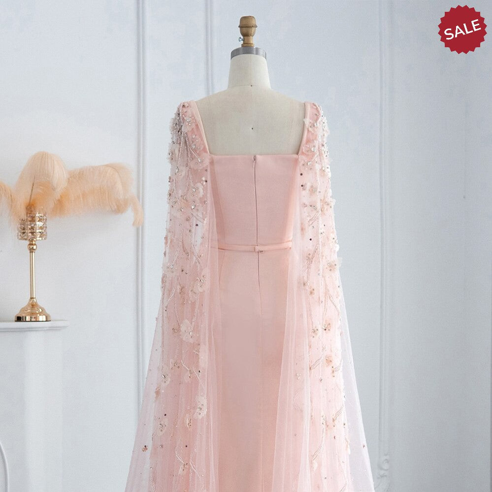 Luxury Pink 3D Flowers Mermaid Dubai Evening Dress with Cape Sleeve Crystal Arabic Elegant Women Formal Gowns for Wedding Party SS493