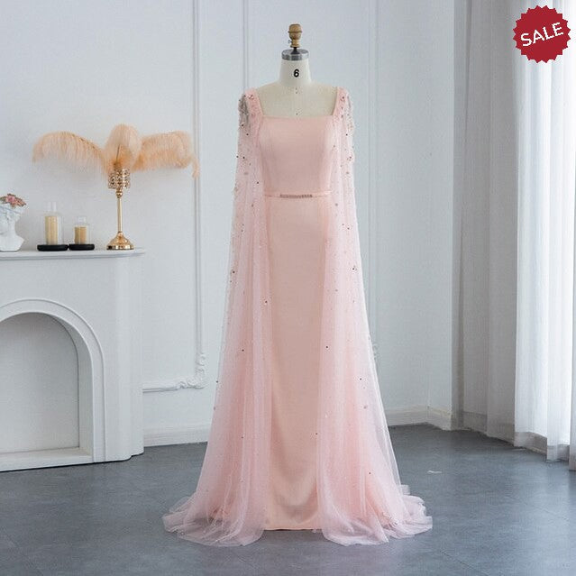 Luxury Pink 3D Flowers Mermaid Dubai Evening Dress with Cape Sleeve Crystal Arabic Elegant Women Formal Gowns for Wedding Party SS493