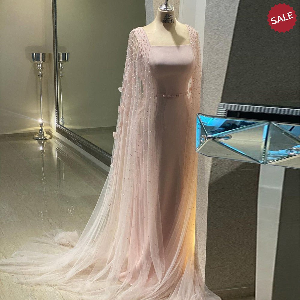 Luxury Pink 3D Flowers Mermaid Dubai Evening Dress with Cape Sleeve Crystal Arabic Elegant Women Formal Gowns for Wedding Party SS493