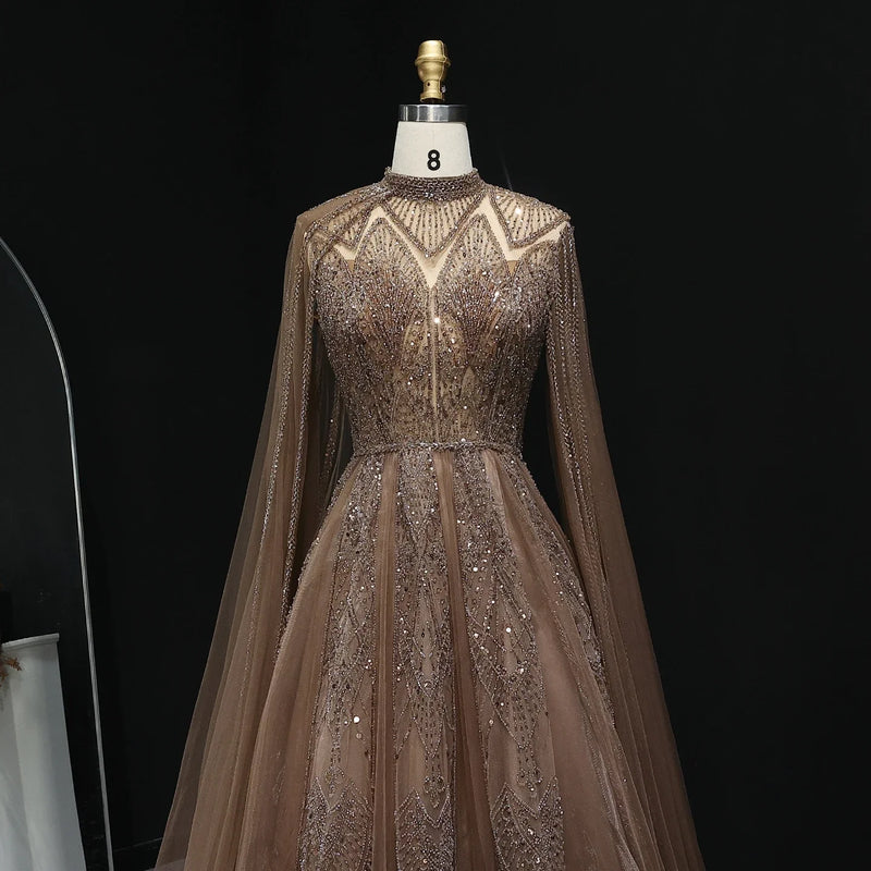 Luxury Pink Arabic Evening Dress with Cape Sleeves Gowns SS050