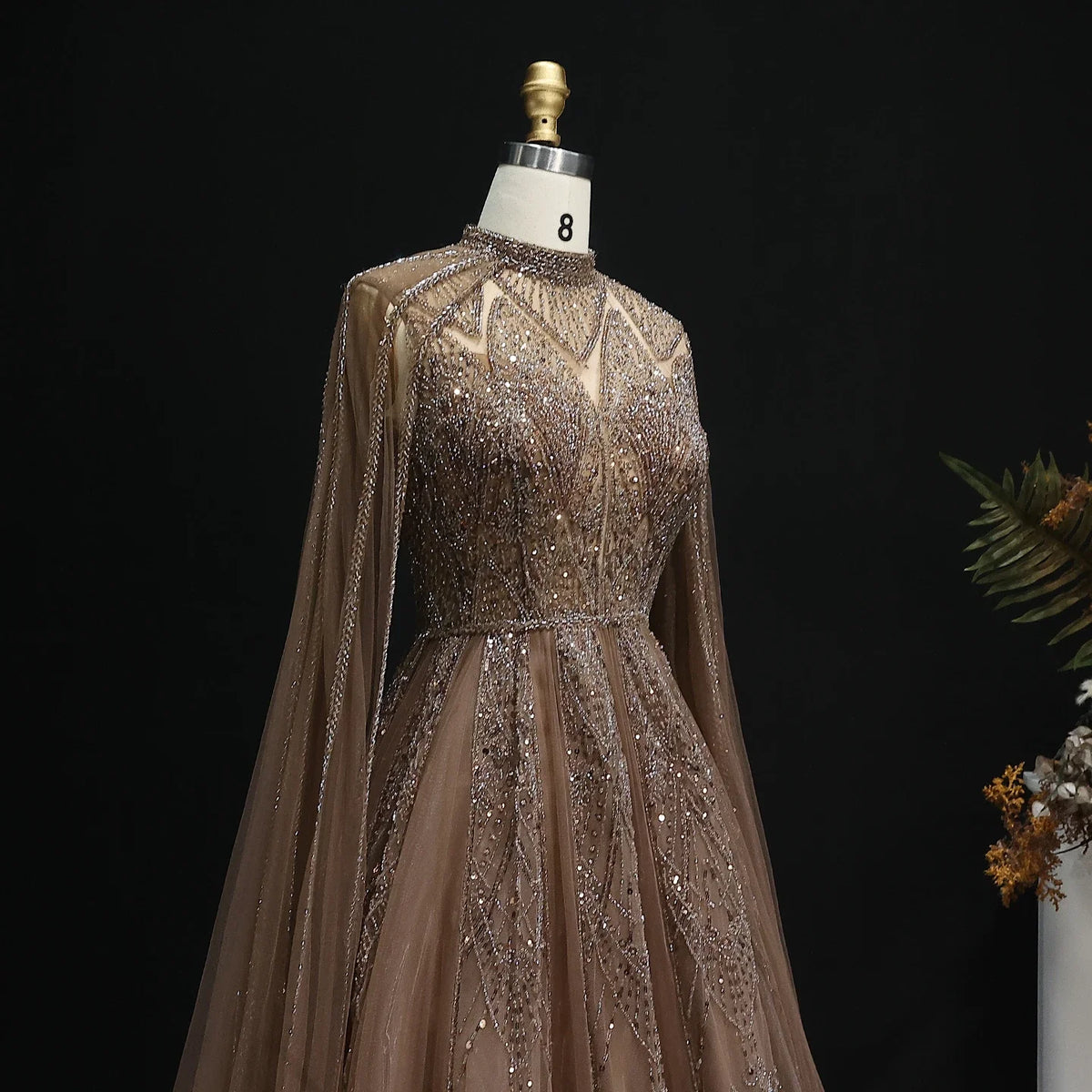 Luxury Pink Arabic Evening Dress with Cape Sleeves Gowns SS050
