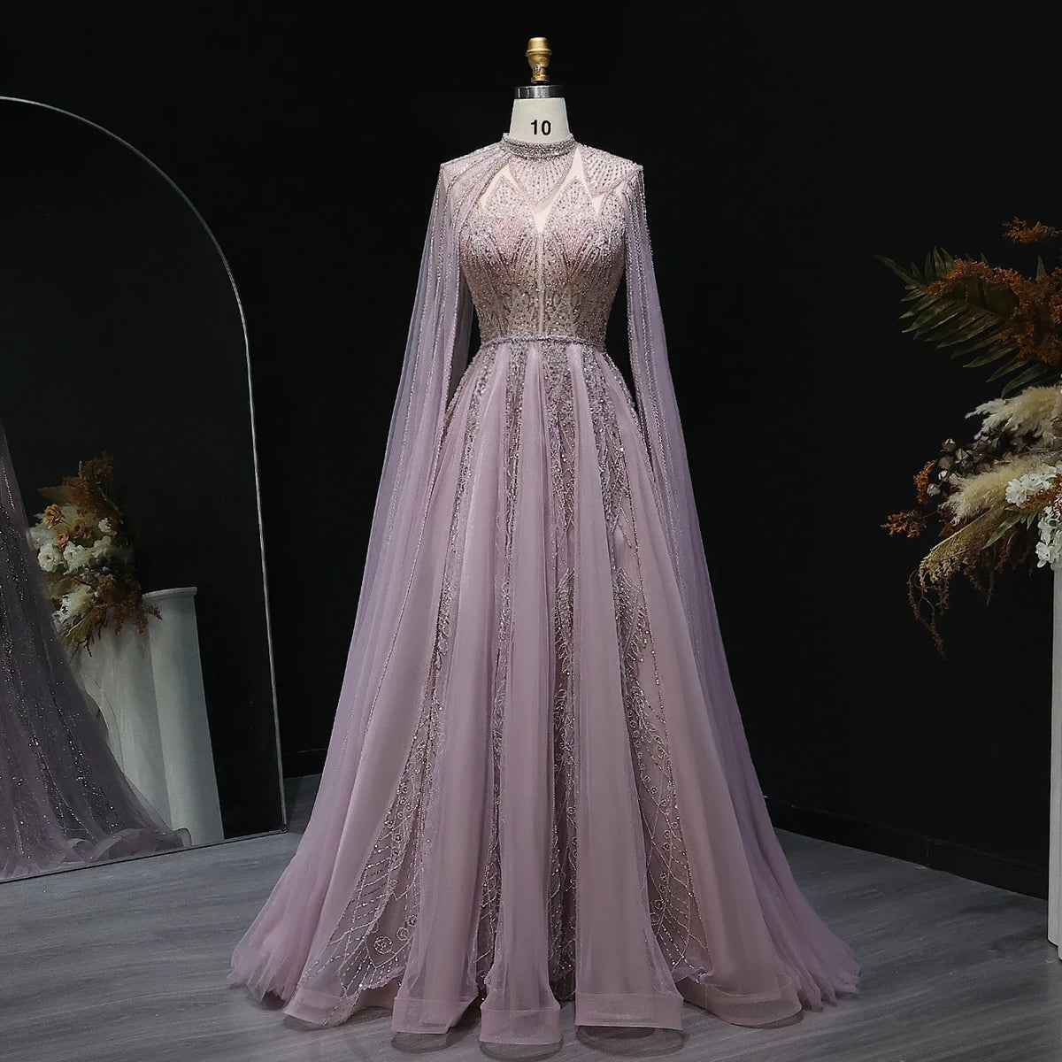Luxury Pink Arabic Evening Dress with Cape Sleeves Gowns SS050