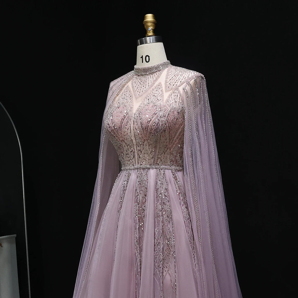 Luxury Pink Arabic Evening Dress with Cape Sleeves Gowns SS050