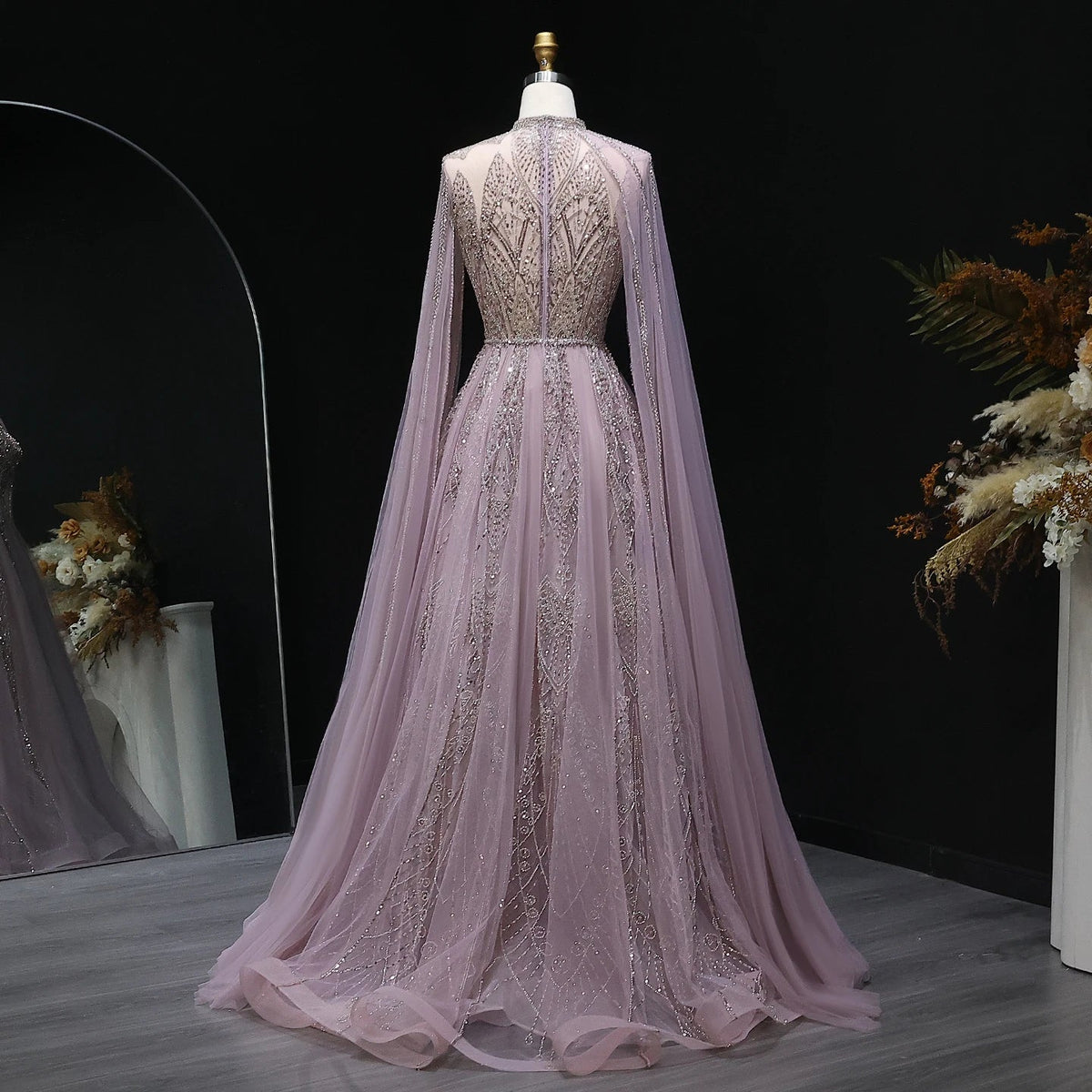 Luxury Pink Arabic Evening Dress with Cape Sleeves Gowns SS050