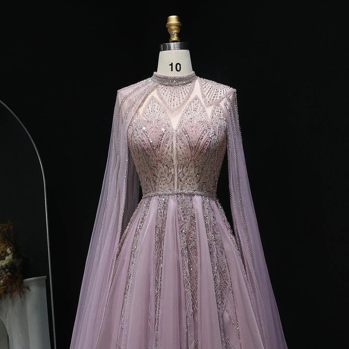 Luxury Pink Arabic Evening Dress with Cape Sleeves Gowns SS050