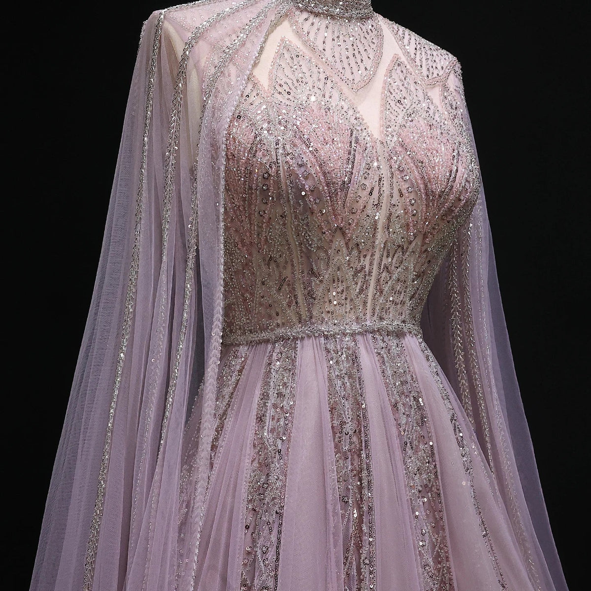 Luxury Pink Arabic Evening Dress with Cape Sleeves Gowns SS050