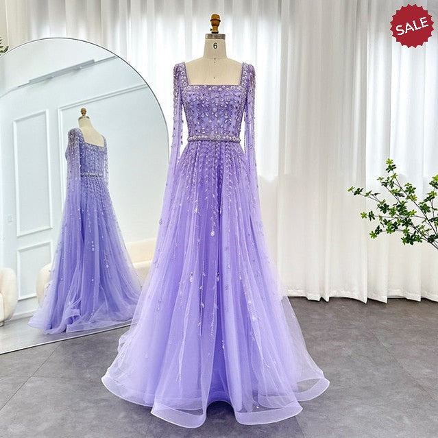 Luxury Pink Dubai Evening Dresses for Women Wedding Square Neck Cap Sleeves Arabic Muslim Formal Party Gowns SS494