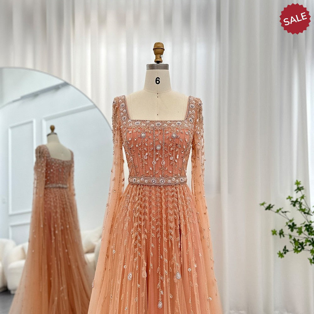 Luxury Pink Dubai Evening Dresses for Women Wedding Square Neck Cap Sleeves Arabic Muslim Formal Party Gowns SS494