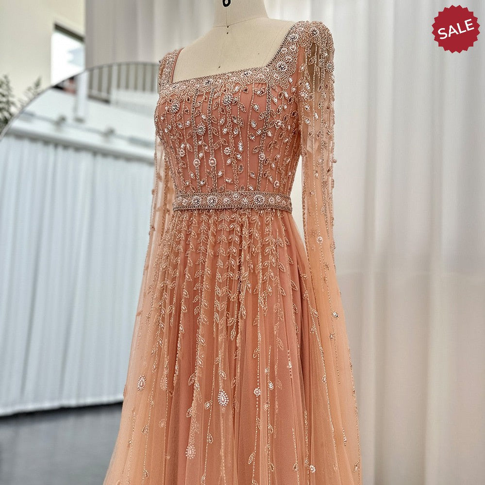 Luxury Pink Dubai Evening Dresses for Women Wedding Square Neck Cap Sleeves Arabic Muslim Formal Party Gowns SS494