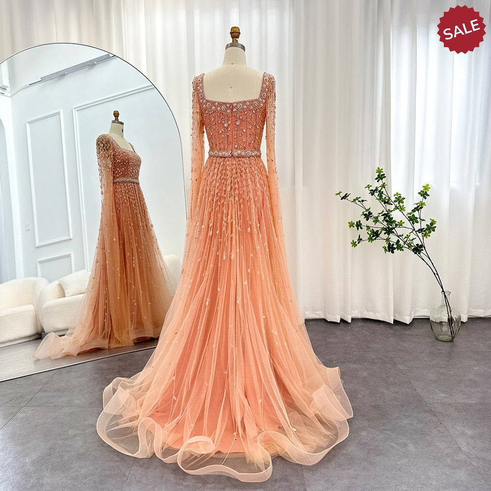 Luxury Pink Dubai Evening Dresses for Women Wedding Square Neck Cap Sleeves Arabic Muslim Formal Party Gowns SS494