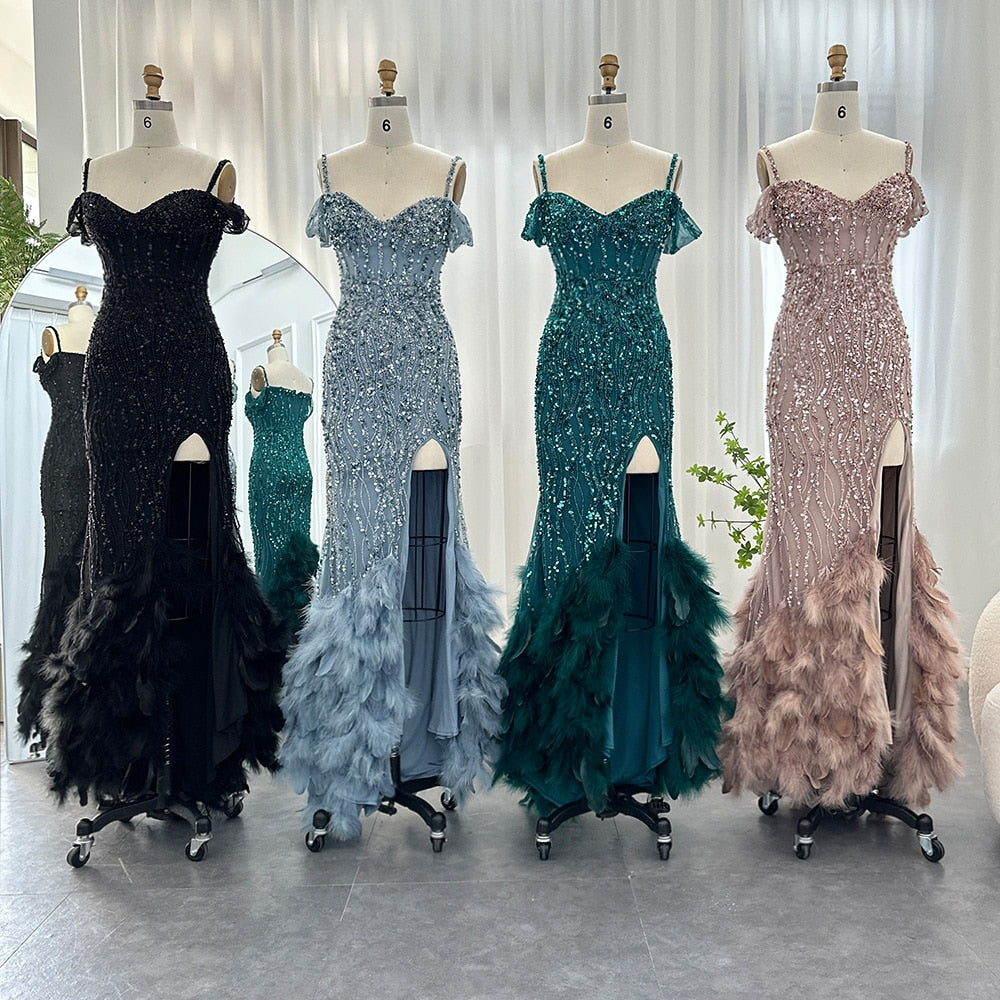 Luxury Pink Mermaid Feathers Prom Dresses 2023 Spaghetti Straps Green Black Blue Women Wedding Evening Dress SS169