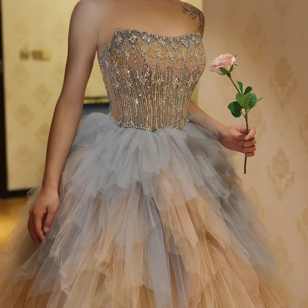 Luxury Rose Gold Blue Ruffles Princess Ball Gown Arabic Evening Dress for Women Wedding Engagement Party Dresses SS531