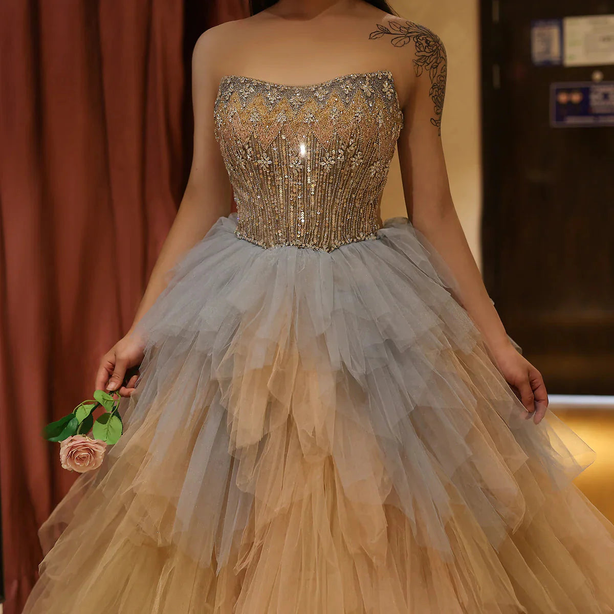 Luxury Rose Gold Blue Ruffles Princess Ball Gown Arabic Evening Dress for Women Wedding Engagement Party Dresses SS531