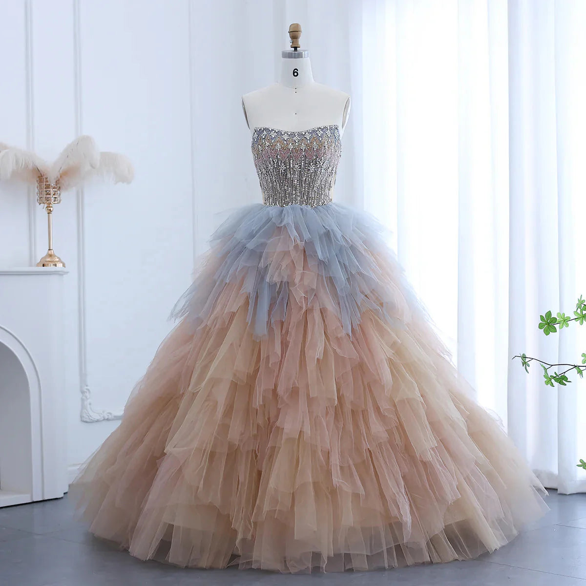 Luxury Rose Gold Blue Ruffles Princess Ball Gown Arabic Evening Dress for Women Wedding Engagement Party Dresses SS531