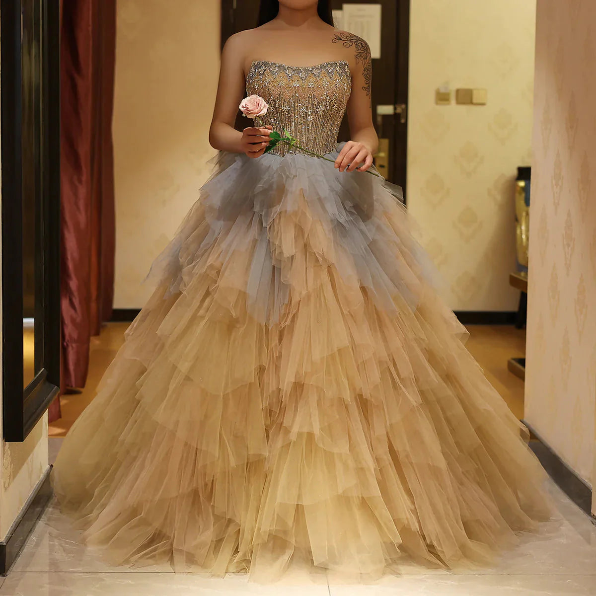 Luxury Rose Gold Blue Ruffles Princess Ball Gown Arabic Evening Dress for Women Wedding Engagement Party Dresses SS531