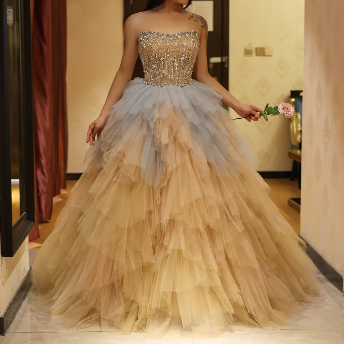 Luxury Rose Gold Blue Ruffles Princess Ball Gown Arabic Evening Dress for Women Wedding Engagement Party Dresses SS531