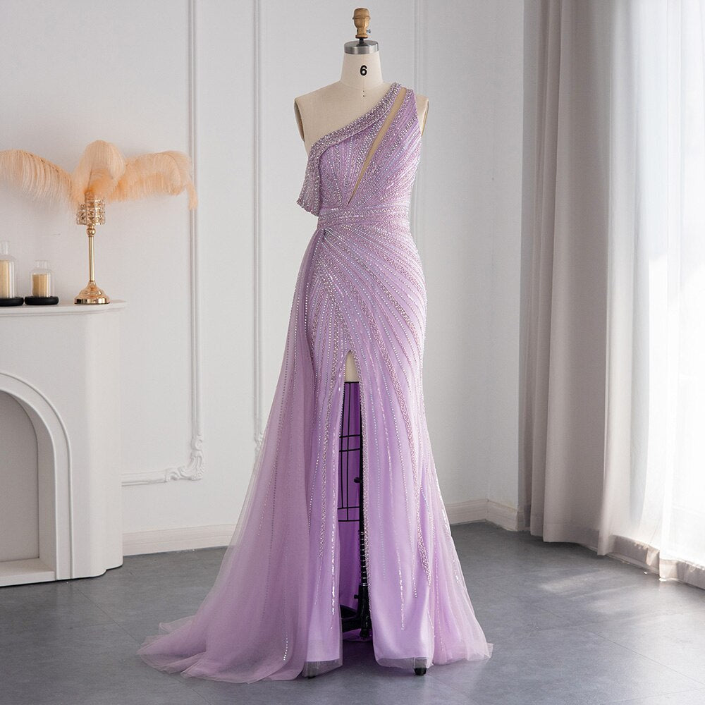 Luxury Rose Pink One Shoulder Mermaid Evening Dresses for Women Wedding Party High Slit Long Prom Formal Gowns SS337