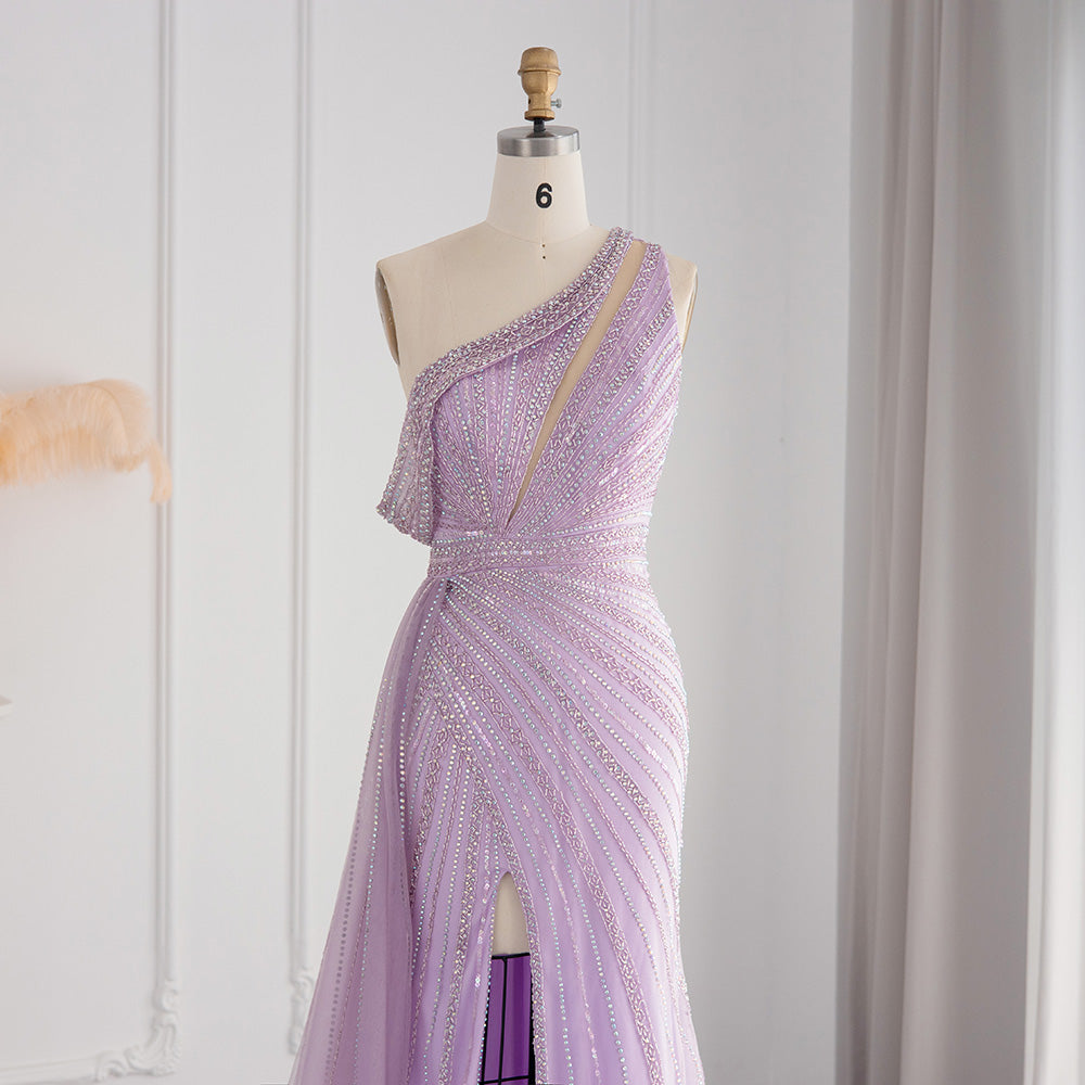 Luxury Rose Pink One Shoulder Mermaid Evening Dresses for Women Wedding Party High Slit Long Prom Formal Gowns SS337