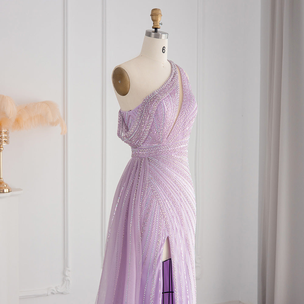 Luxury Rose Pink One Shoulder Mermaid Evening Dresses for Women Wedding Party High Slit Long Prom Formal Gowns SS337