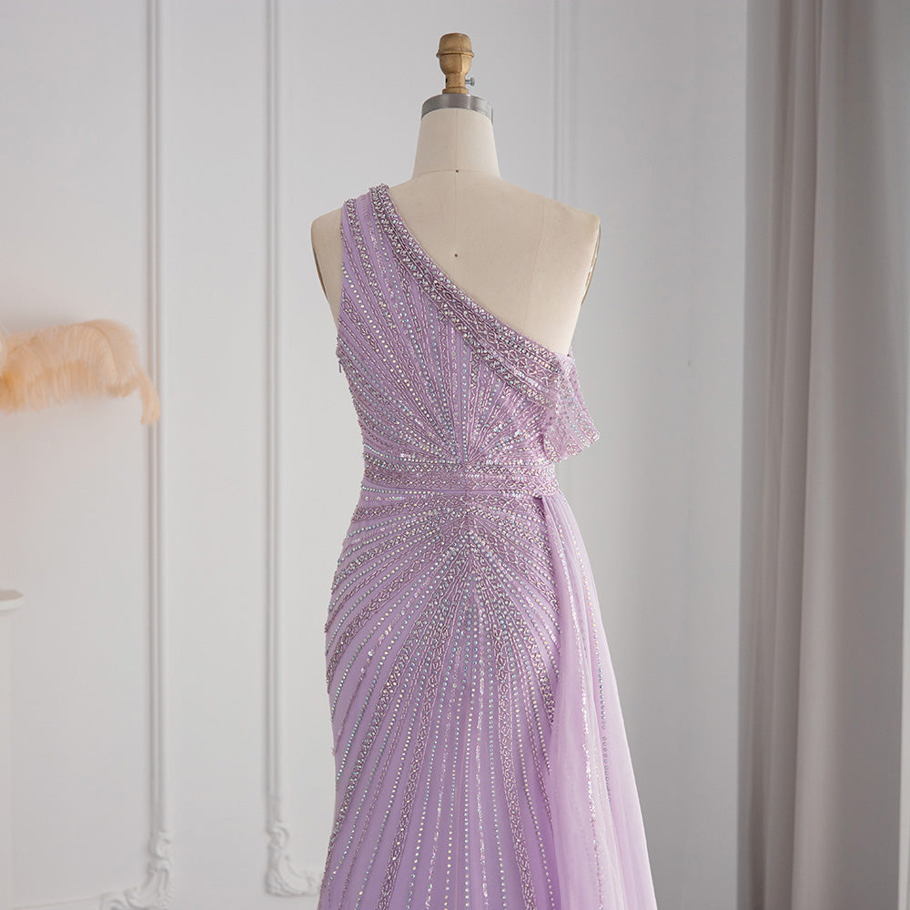 Luxury Rose Pink One Shoulder Mermaid Evening Dresses for Women Wedding Party High Slit Long Prom Formal Gowns SS337