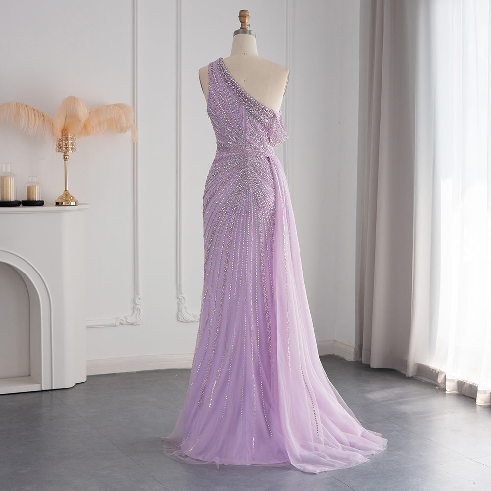 Luxury Rose Pink One Shoulder Mermaid Evening Dresses for Women Wedding Party High Slit Long Prom Formal Gowns SS337