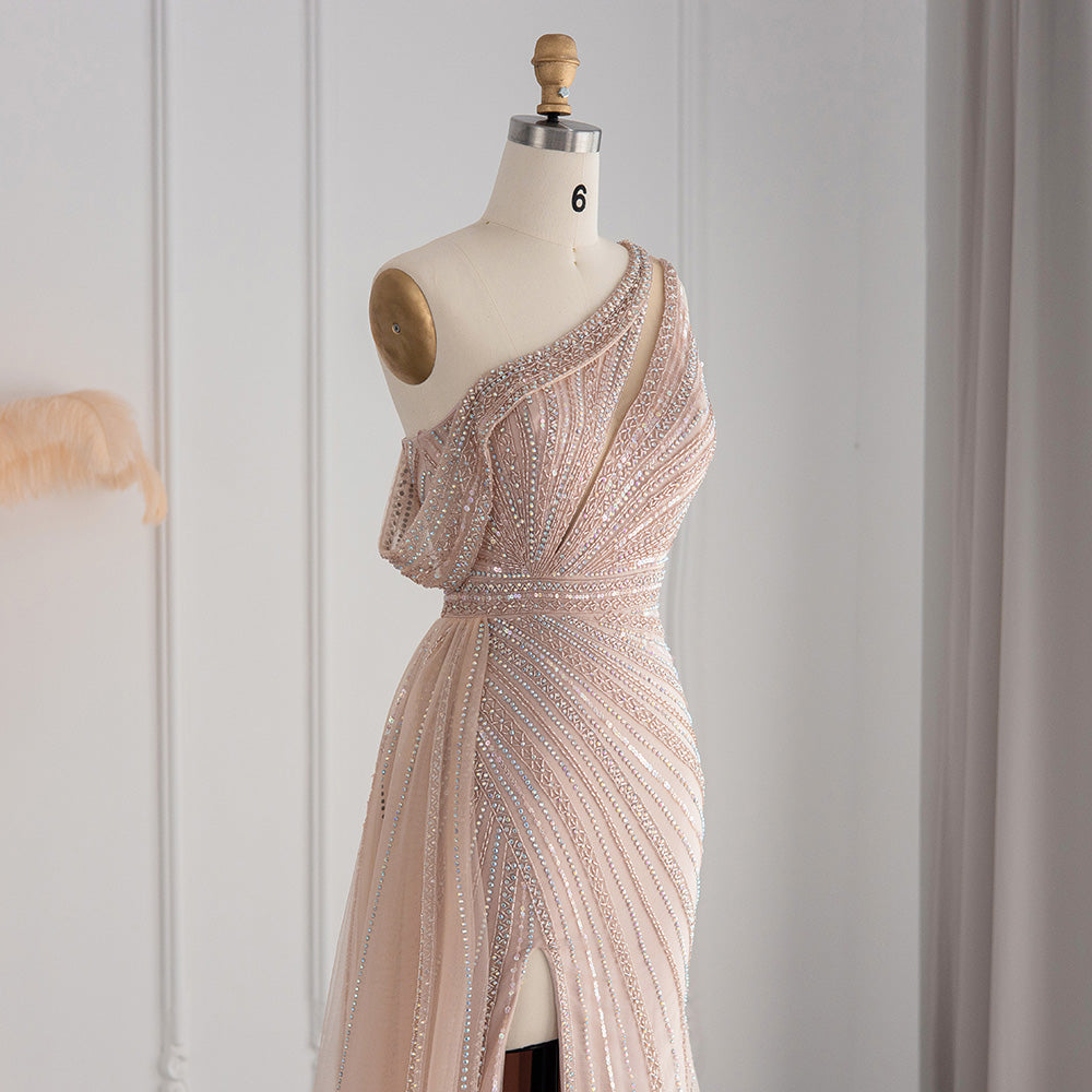 Luxury Rose Pink One Shoulder Mermaid Evening Dresses for Women Wedding Party High Slit Long Prom Formal Gowns SS337