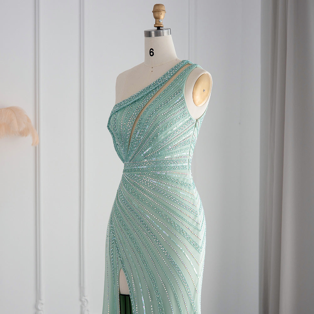 Luxury Rose Pink One Shoulder Mermaid Evening Dresses for Women Wedding Party High Slit Long Prom Formal Gowns SS337