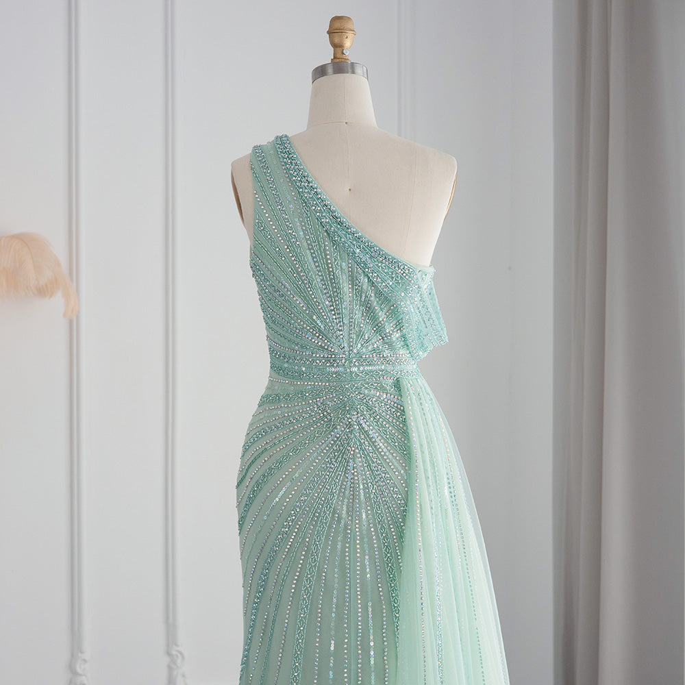 Luxury Rose Pink One Shoulder Mermaid Evening Dresses for Women Wedding Party High Slit Long Prom Formal Gowns SS337