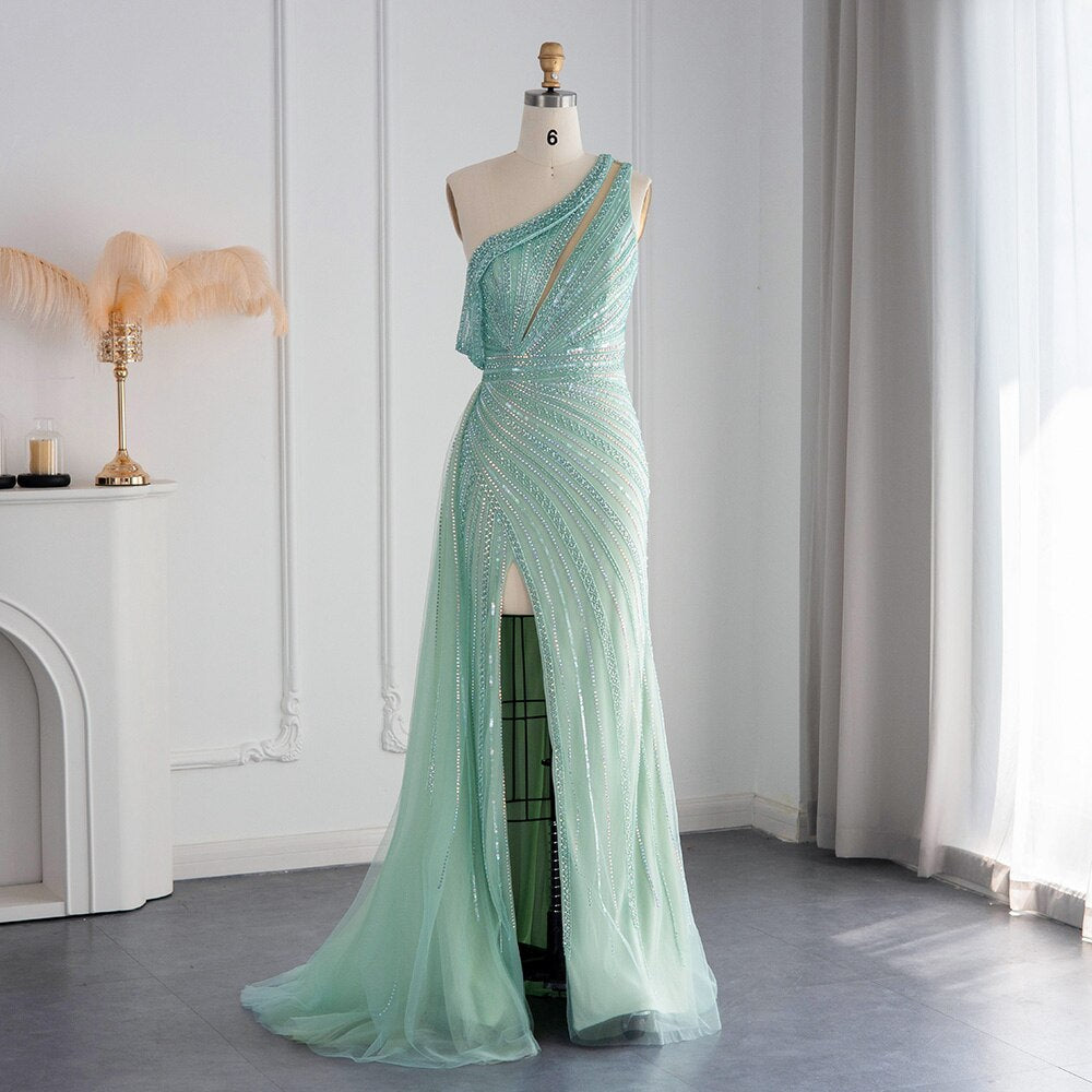 Luxury Rose Pink One Shoulder Mermaid Evening Dresses for Women Wedding Party High Slit Long Prom Formal Gowns SS337