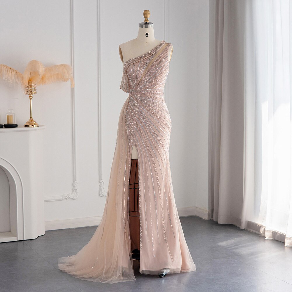 Luxury Rose Pink One Shoulder Mermaid Evening Dresses for Women Wedding Party High Slit Long Prom Formal Gowns SS337